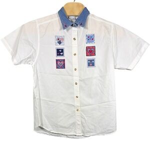 Bobbie Brooks Top Womens L BB 62-846DE White Americana Heart Patch Button-Down